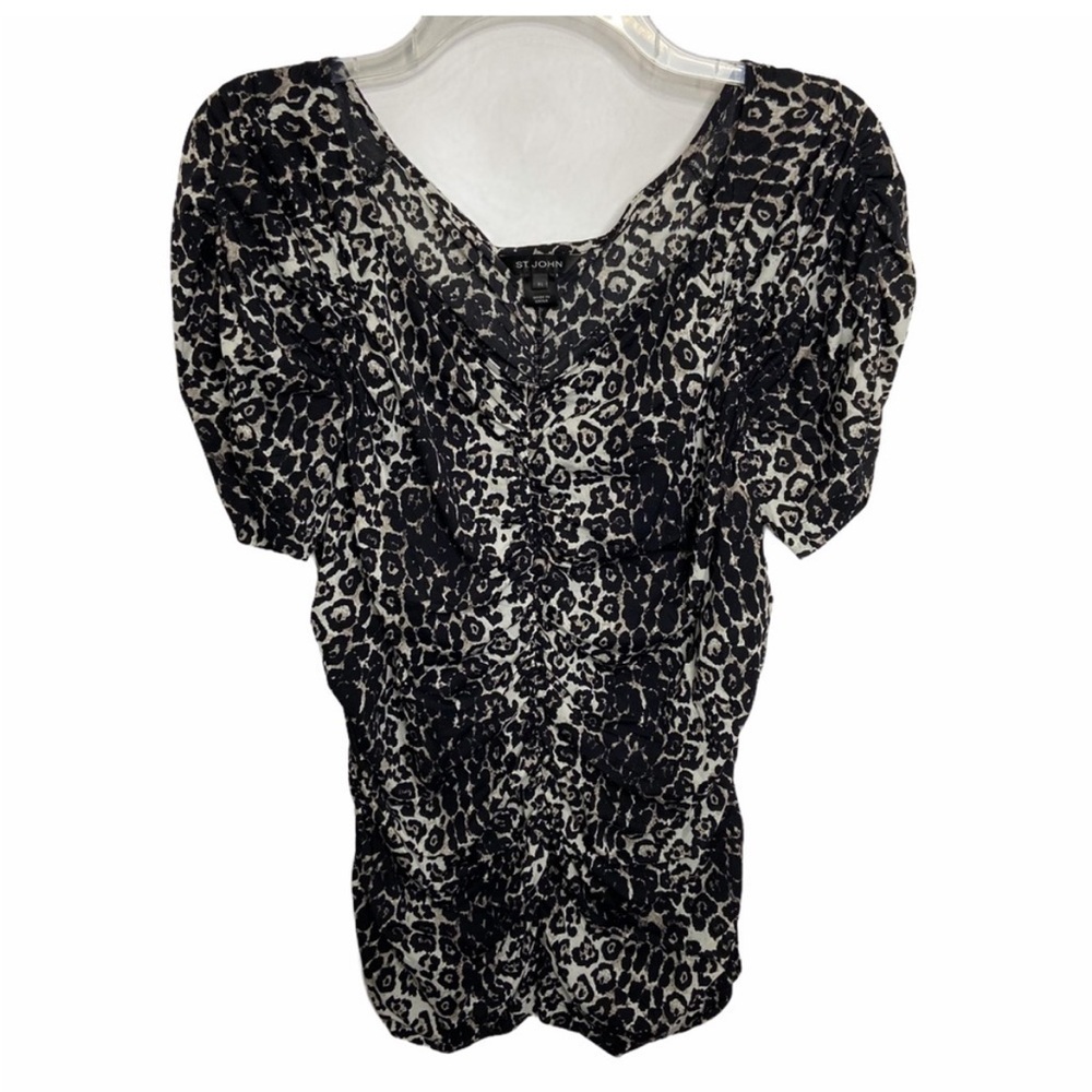 St. John Collection Size XL Short Sleeve Animal Print Ruched Blouse V-neck